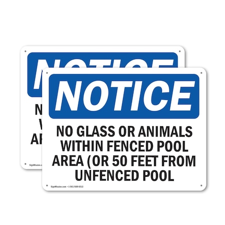 Signmission No Glass Or Animals Within Fenced Pool Area, 18 in W x Rectangle, Plastic OS-2PACK-NS-P-1218-L-14632